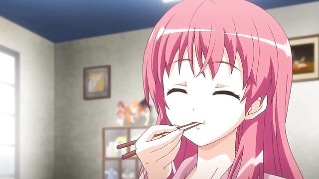 Cute pink-haired anime girl Maki chan eating with chopsticks, smiling