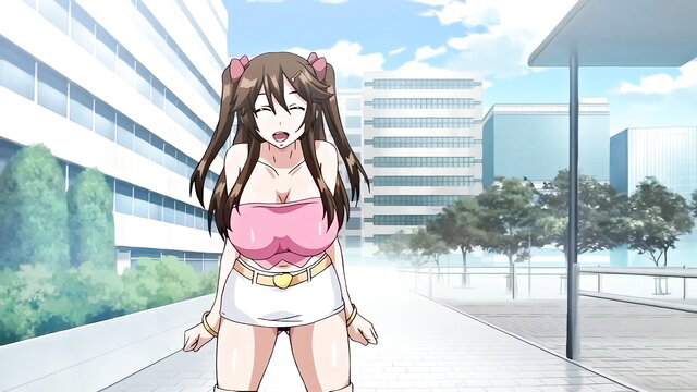 Busty anime girl in pink top and mini skirt outdoor hentai HMV