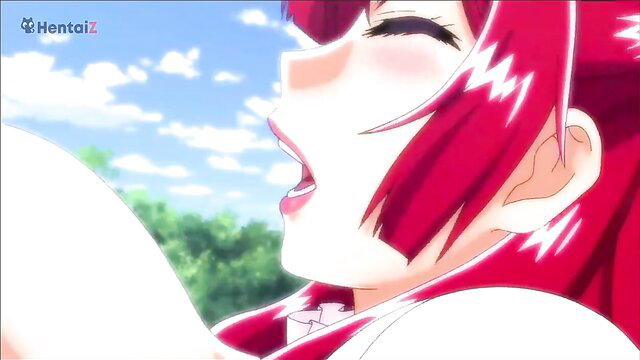Redhead anime hentai girl with huge tits outdoors, smiling ecstatically