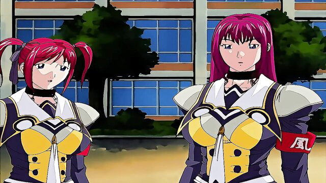 Twin redhead anime girls in sexy white uniforms, big tits exposed