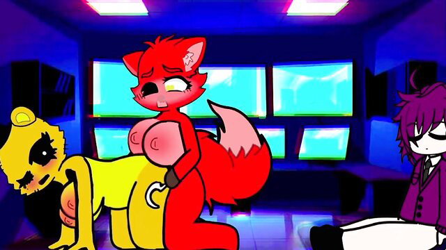 Futa Foxy fucks Golden Freddy with Toy Bonnie watching, hot animatronic threesome