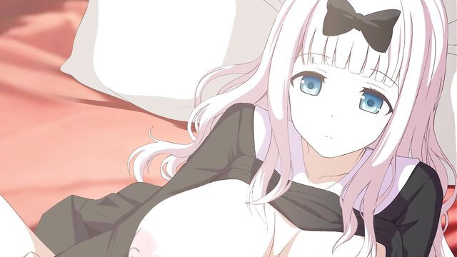 Chika cosplay anime girl with huge tits on bed, cleavage tease