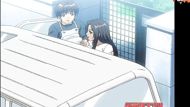 Hentai anime couple in aprons, guy groping busty black-haired girl outdoors