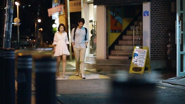 Chi Chi in catchy Korean adult scene, hot Asian couple walking at night in dress