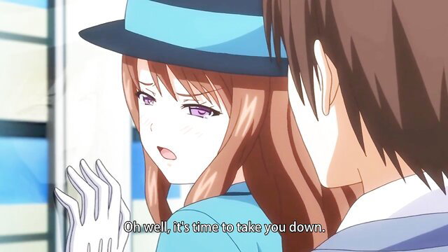 Hentai schoolgirl in blue hat and gloves looks back submissively at man