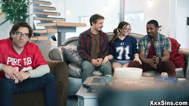 Leana Lovings with two cocks in hot 4some on couch