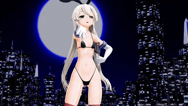 Shimakaze MMD R15 bunny girl in skimpy black bikini posing sexy at night
