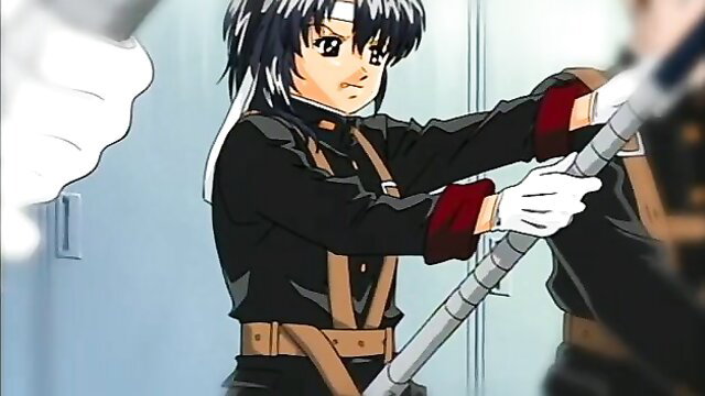 Anime girl KAREN in black military uniform gripping long staff intensely