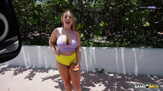 Curvy blonde Zoey Uso in purple bra yellow thong on BangBus