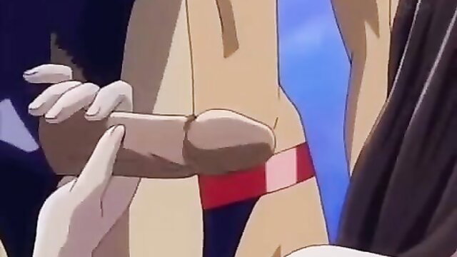 Hentai girl handjobbing big cock in blue swimsuit closeup