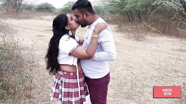 Indian schoolgirl Kavita kisses professor passionately outdoors in plaid skirt