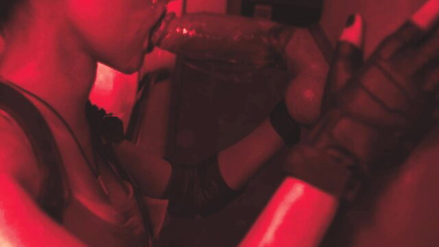 Bulging senpai closeup oral with gloved hands in red lighting