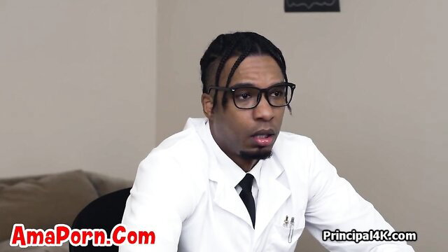 Ebony MILF in white lab coat milks interracial cock duo closeup