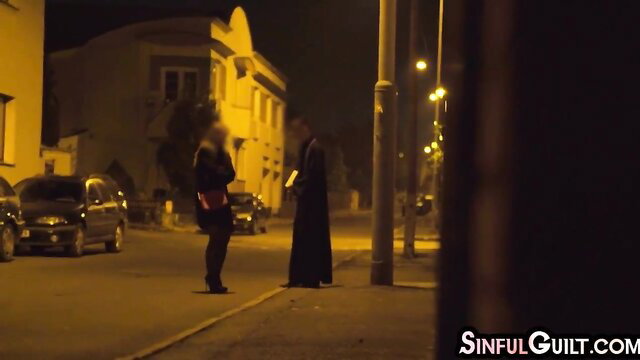 Classy babe in black dress fucked by fake priest outside van at night