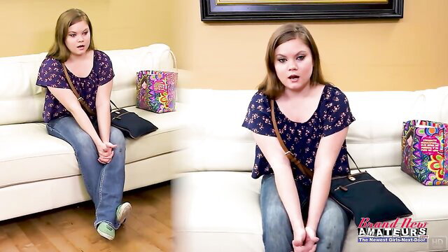 Amorous Lauren surprised on couch in tight top jeans cum swallow preview