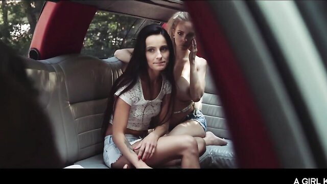 Florane Russell topless in car with blonde in hot lesbian outdoor tease