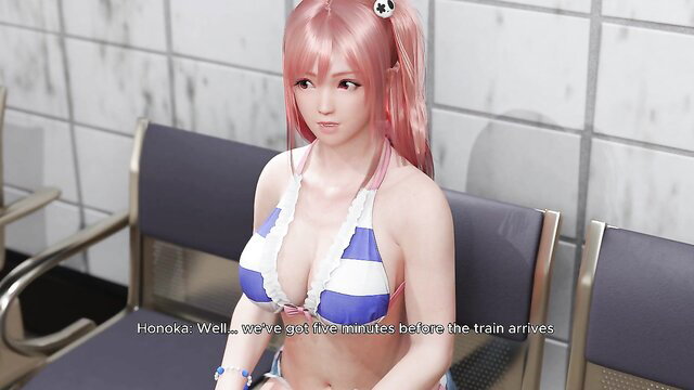 Pink-haired Honoka in skimpy bikini waiting for train on subway