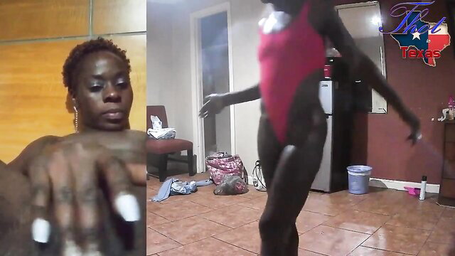 Black thot in red sling bikini dances & masturbates solo in Texas