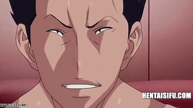 Angry anime guy with intense glare in hentai cum dump scene