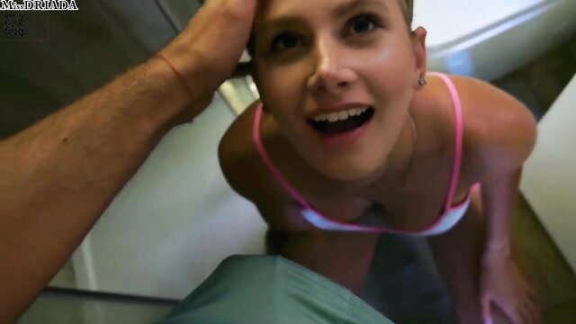 Blond babe Miss Driada POV smile in pink bikini top upskirt view