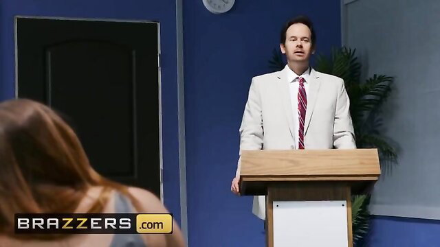Sofi Ryan in classroom with suited teacher at podium - Brazzers