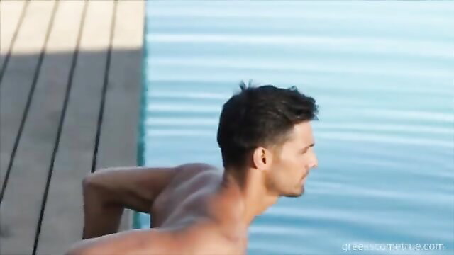 Muscular straight hunk jock shirtless on dock by water