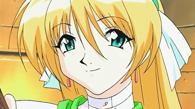 Blonde anime hentai girl with green eyes smiling in green dress