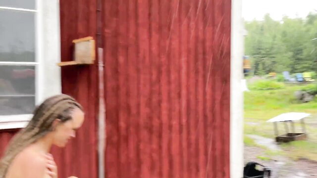 Implantboy wet nude outdoor by red barn, curvy blonde braids