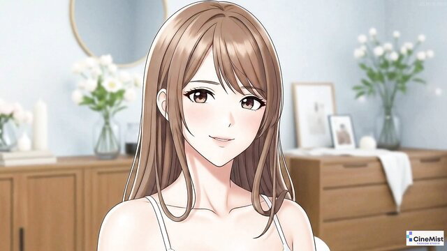 Japanese anime woman in white lingerie smiling softly