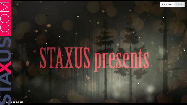 Spooky Halloween night in dark foggy forest with red STAXXUS logo
