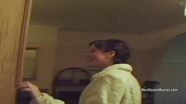 Brit dark-haired Katy in fluffy robe, teasing anal fuck pleasure moan