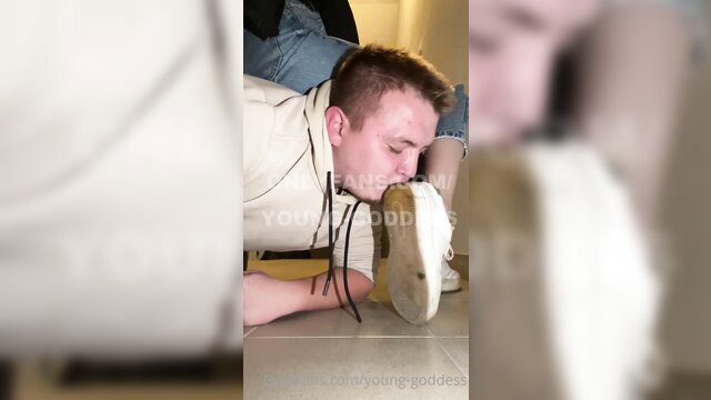 Young Goddess forces sub to sniff her white sneaker foot fetish domination