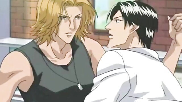 Blond and black-haired anime hunks embrace intimately in OVA hentai scene