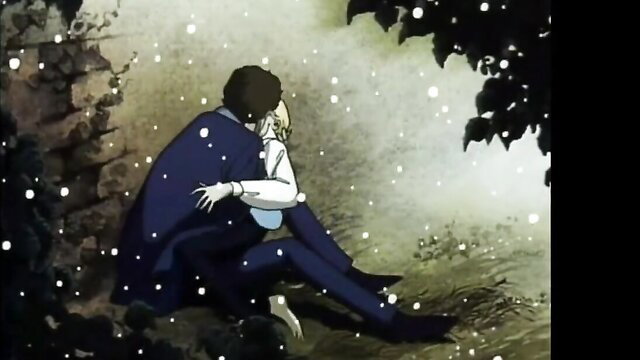 Slim blond anime boy embraced by man in snowy outdoor scene