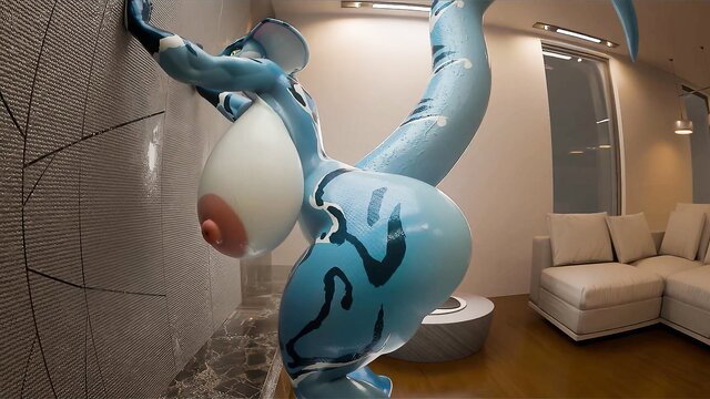 Blue anthropomorphic furry with huge tits and ass swings booty solo