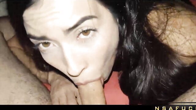 Hot brunette girlfriend closeup blowjob on thick cock