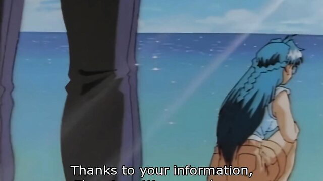 Blue-haired anime hentai girl in thong bikini at beach, butt view