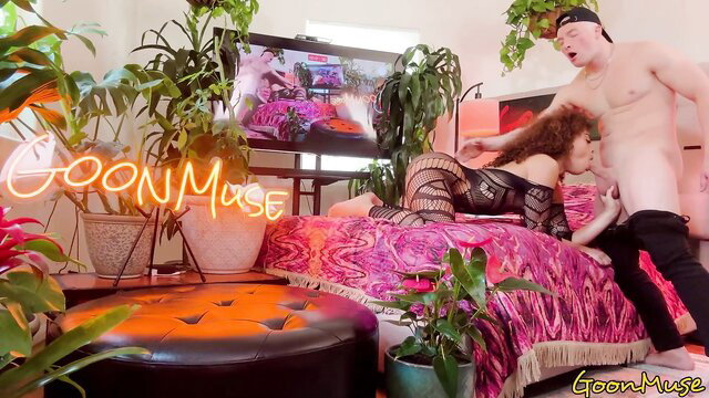 Willow Ryder goon muse redhead in lingerie with nude guy edging