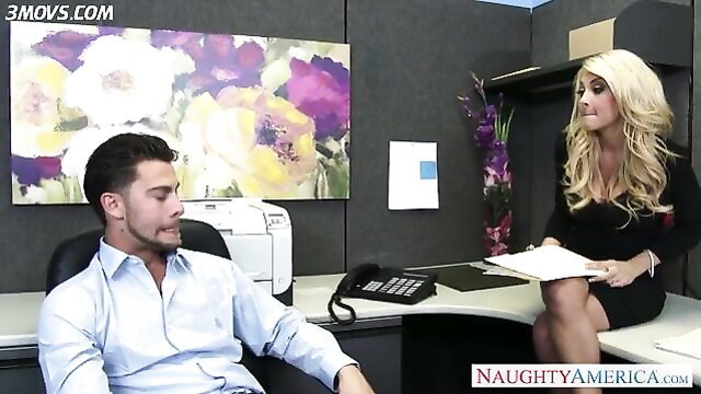 Busty blonde secretary Kayla Kayden teases boss in office