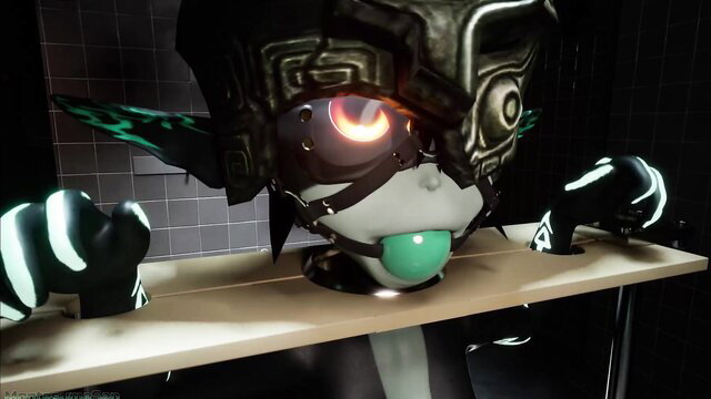 Milking Midna cosplay in mask gag bondage, green ballgag tease