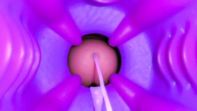Closeup POV of tight pink pussy penetrated by thin cock in purple toy frame