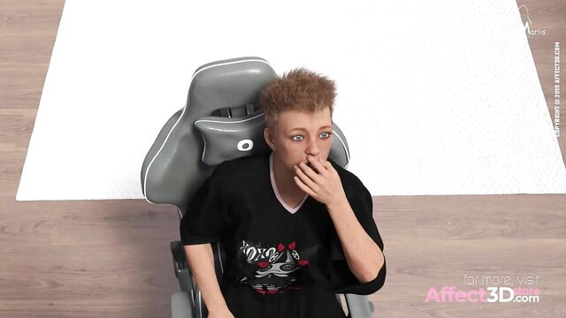 Shocked futanari gamer boy in gaming chair, superheroine fuck scene