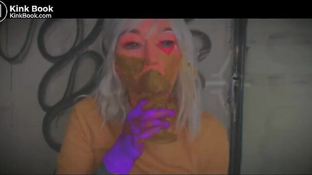 Cosplay woman with white hair drinks scat from glass in fetish scene