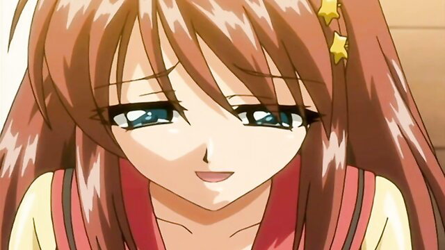 Cute redhead anime girl with blue eyes and star hair clip closeup