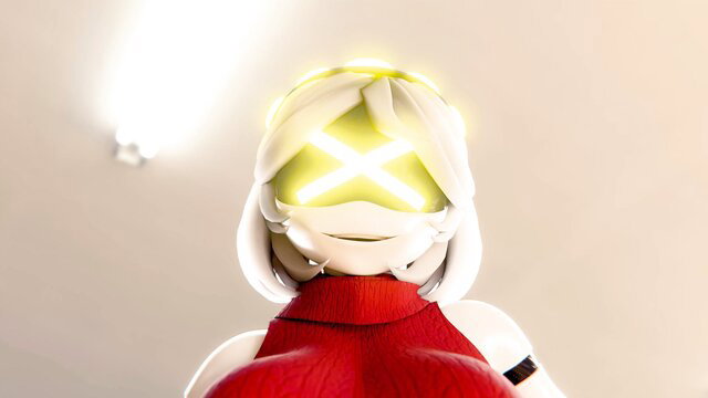 POV animated white-haired anime girl in red sweater giving blowjob, glowing mask