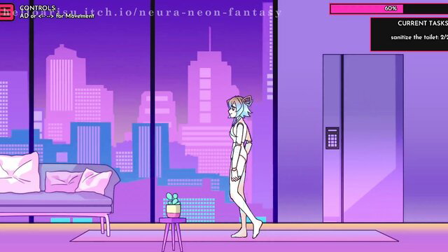Neura Neon Fantasy Day 6: nude blue-haired anime girl in luxurious neon city apartment