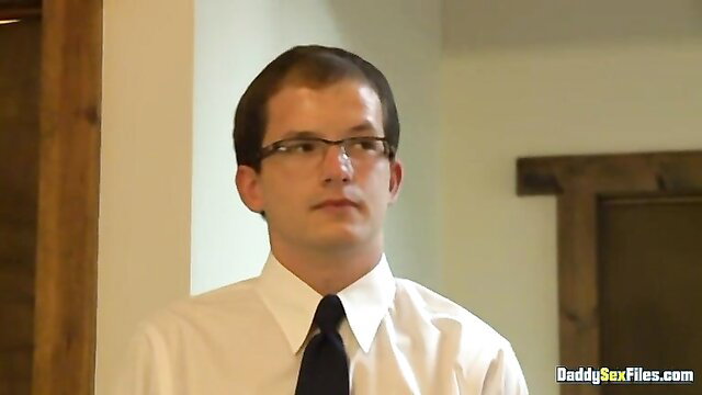 Glasses twink in suit at Love Trans Sex, big cock fuck lesson