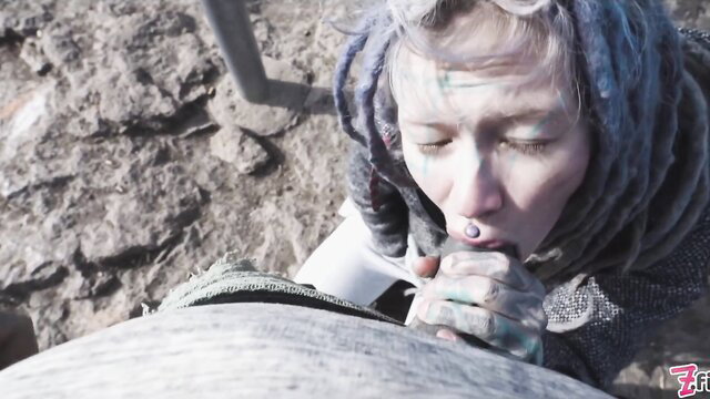Anuskatzz wild public blowjob in snowy outdoors, dreads & face paint
