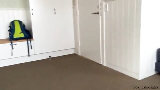 Stepmom taboo scene with backpack in entryway, don't get stiff!