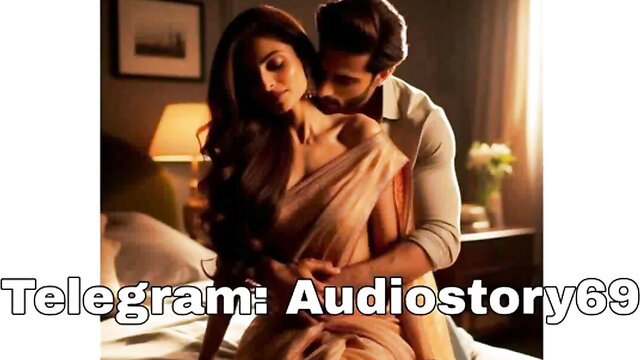 Indian couple in saree foreplay, man embraces busty beauty from behind